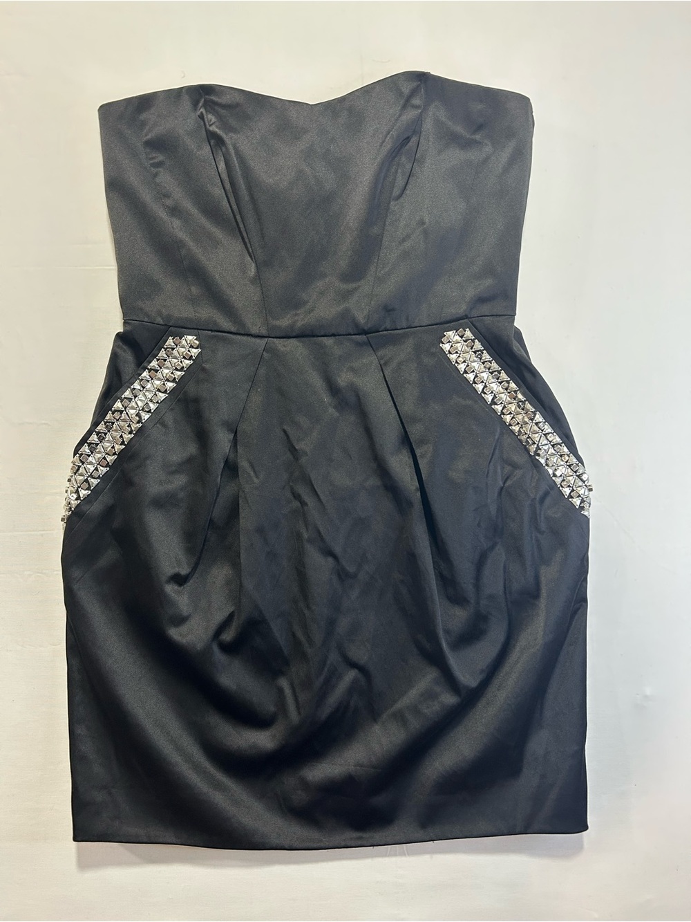 BCBGeneration Black Strapless Satin Dress with Crystal Pocket Trim